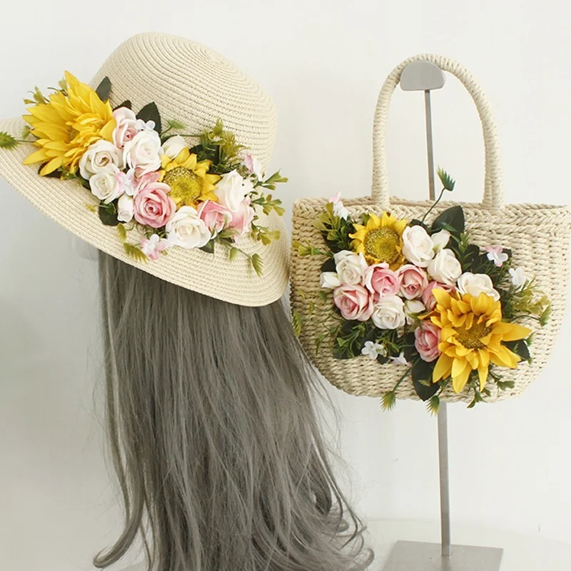 

Straw Handbag Women 2021 Summer New Hand-Woven Rattan Bag Woven Purse Wicker Beach Bag Flowers Drawstring Totes Whth Straw Hat