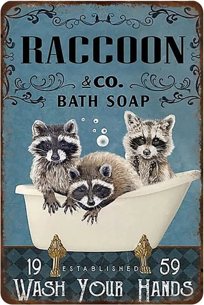 Ретро Metl Tn Sgn Wsh Your Pws Плакат Rccoon rt Prnt Wll Decorton unny Bthroom Retro Tolet Broom Wshroom Decor (8X12nch) r