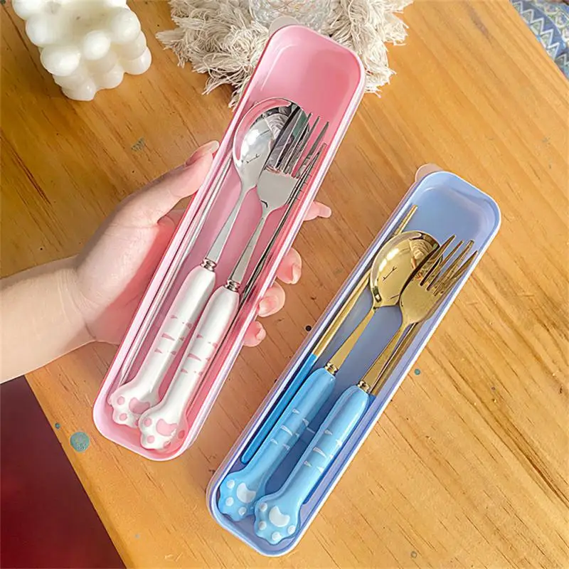 

304 Stainless Steel Tableware Spoon Fork Chopsticks Cute Cat Claw Ceramic Handle Portable Three Piece Set Cute Cartoon Gift