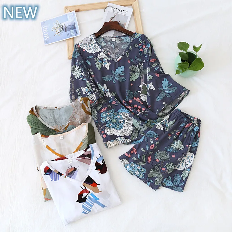 Summer Pajamas Set Short Sleeve T-shirt Shorts 2Piece/Set Sexy Print Pyjama Big Size Mom Homewear Cozy Plus New Sleepwear
