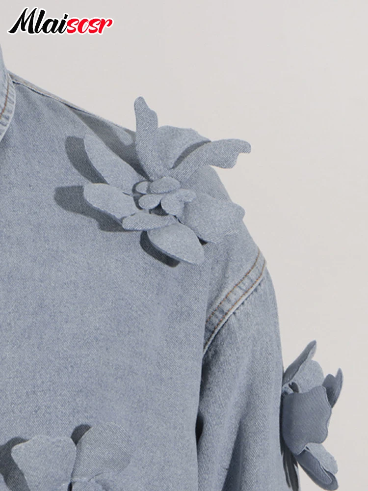 Женская джинсовая куртка Mlaiscsr голубая рубашка с длинными рукавами и лацканами 3D