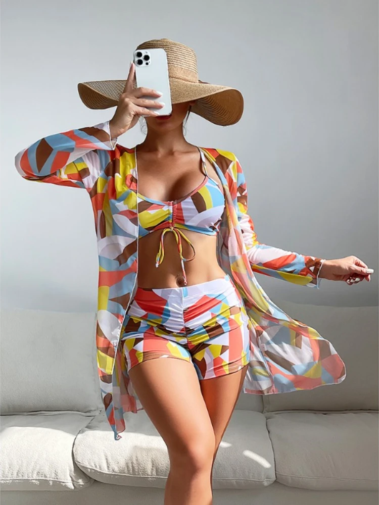 

Three Pieces Bikini Set Cover Up Women 2023 New Push Up Twist Swimsuit Print Long Sleeve Swimwear Biquini Bathing Suit Summer