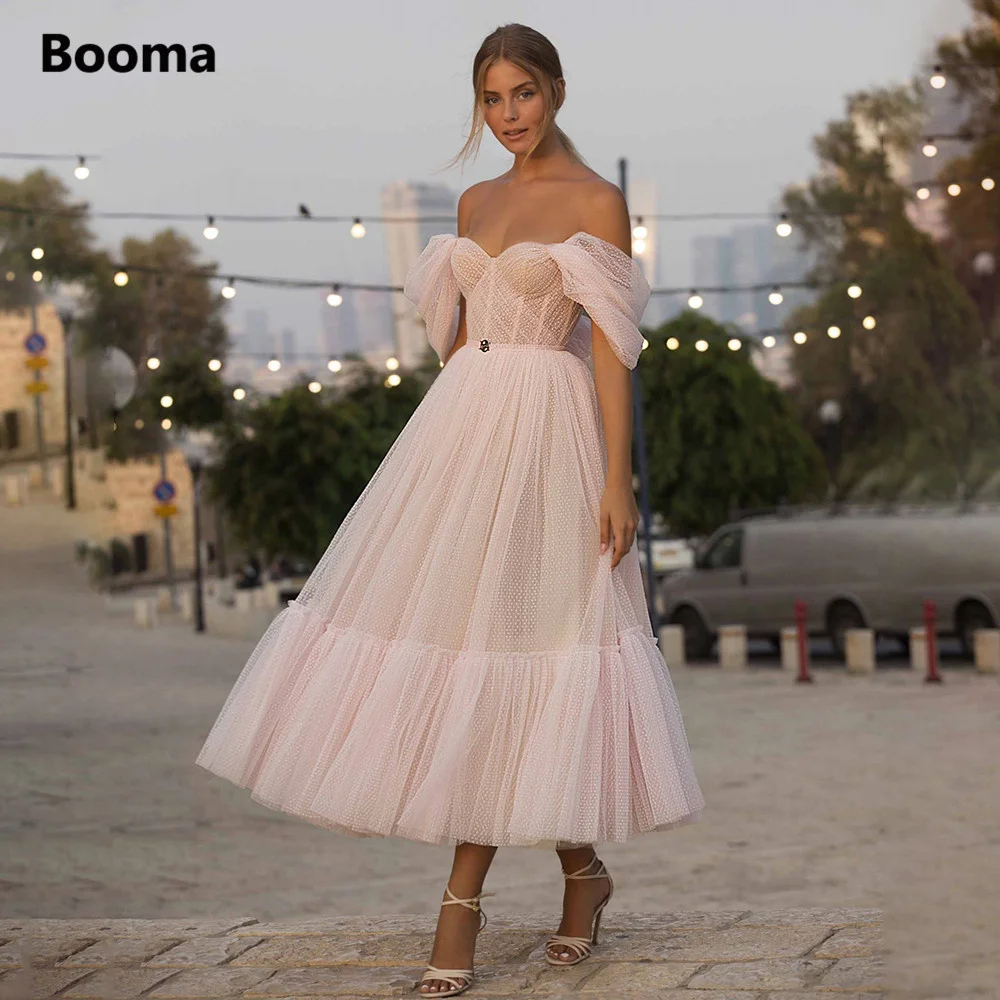 

Booma Blush Pink Short Prom Dresses 2022 Off Shoulder Tiered Skirt A-Line Party Dresses Pleated Tea-Length Tulle Formal Gowns
