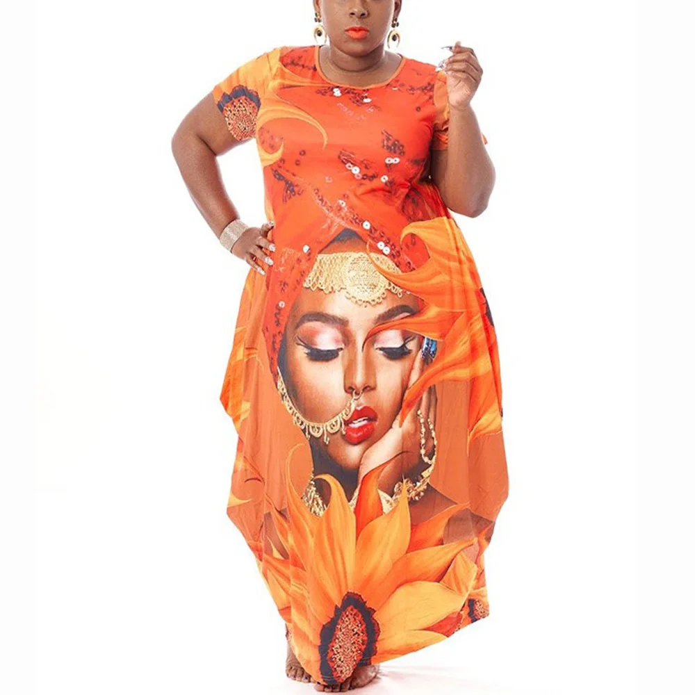 

4XL 5XL Plus Size Dresses for Women Orange Printed 2022 Summer Round Neck Short Sleeve Loose Floor Length Large Dress Cloth Big