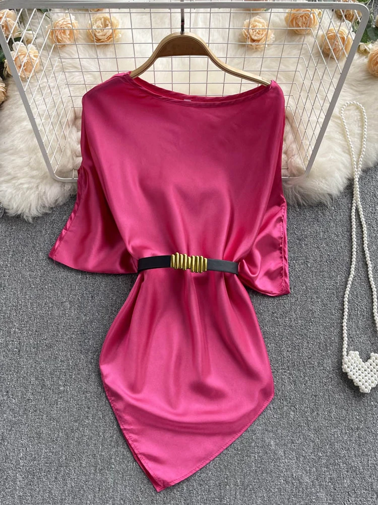 

Hikigawa Chic Fashion Women Tops Solid Elegant Belted Slim Waist Stain Mid-Long T Shirts Female Long Sleeve Blouse Blusas Mujer