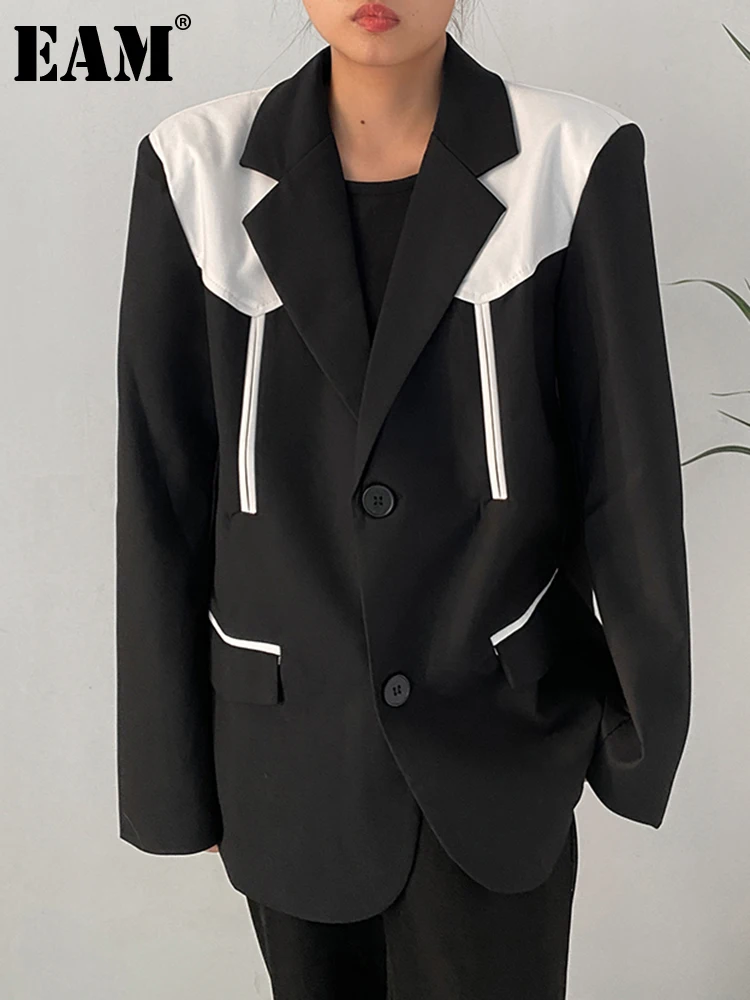 

[EAM] Women Black Color-block Big Size Blazer New Lapel Long Sleeve Loose Fit Jacket Fashion Tide Spring Autumn 2023 1DF1797