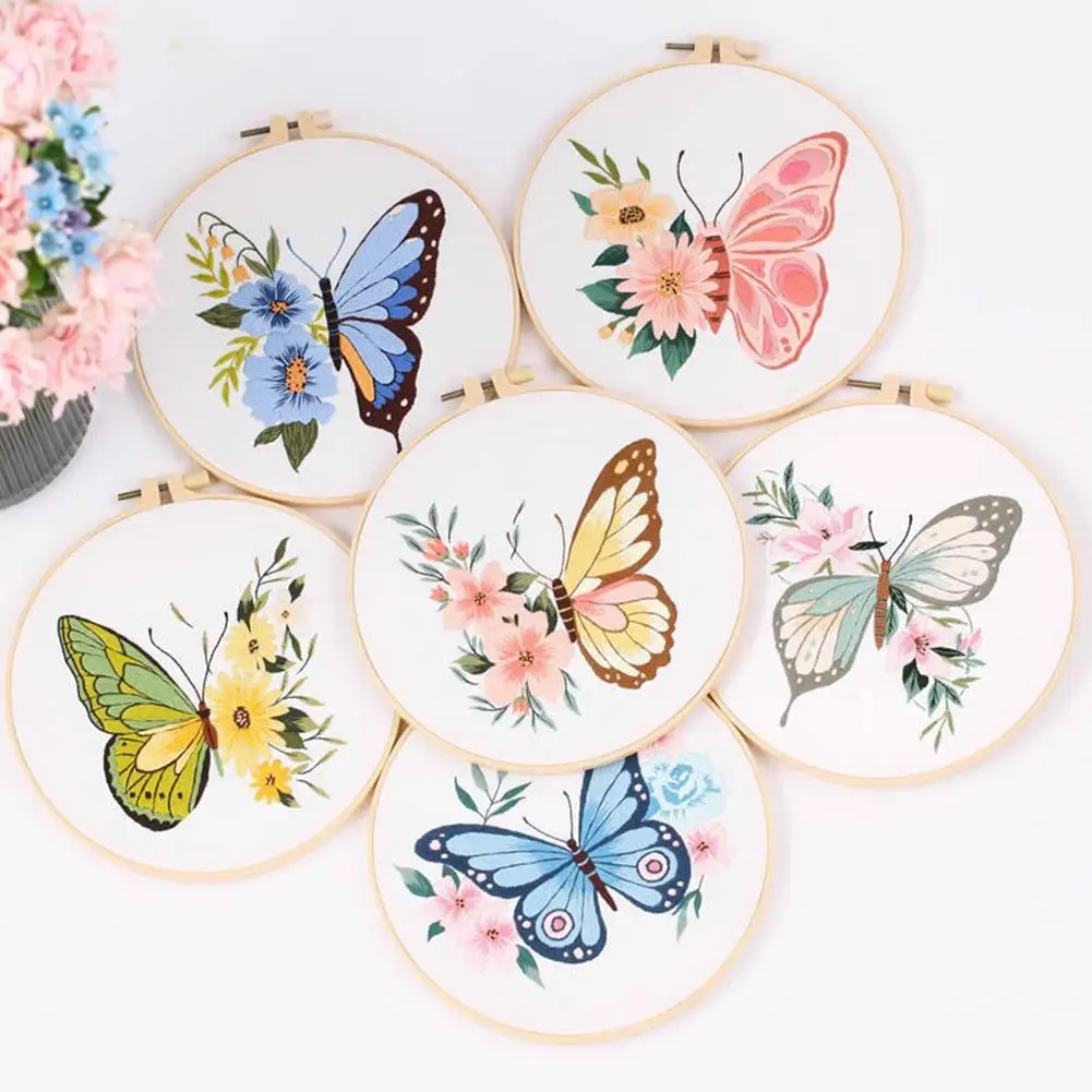

NEW Butterfly Pattern Embroidery Starter Kit For Beginners Diy Material With Pattern Embroidery Hoop Threads Needles