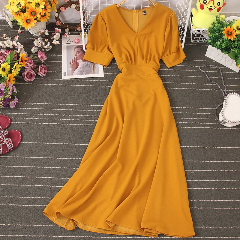 

Hikigawa Chic Fashion Woman Dress Solid V Neck Puff Short Sleeve Slim Waist Maxi Dresses for Women Vintage Vestidos De Mujer