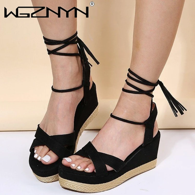 

2022 Women Summer Sandals Lace Up Black Thick-soled Sexy Ladies Mid-calf Strap Shoes Cross-tied Female Sandalias Mujer 36-43