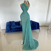 luxury prom dresses 2022 one shoulder mermaid womens prom gown long sleeveless beading sequins peals wedding party dresses