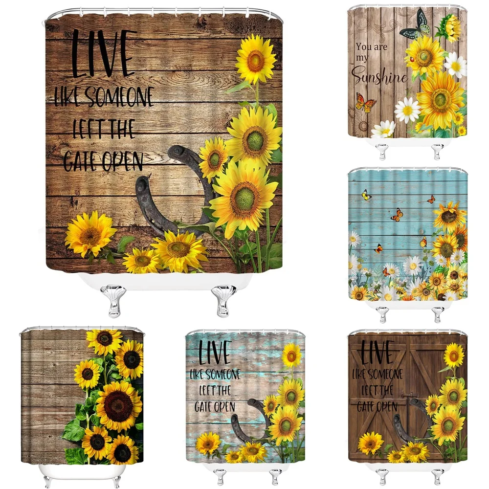 

Floral Rustic Sunflowers Shower Curtain Bathroom Decor Farmhouse Wooden Barn Door Country Horseshoe Fabric Bathtub Bath Curtains