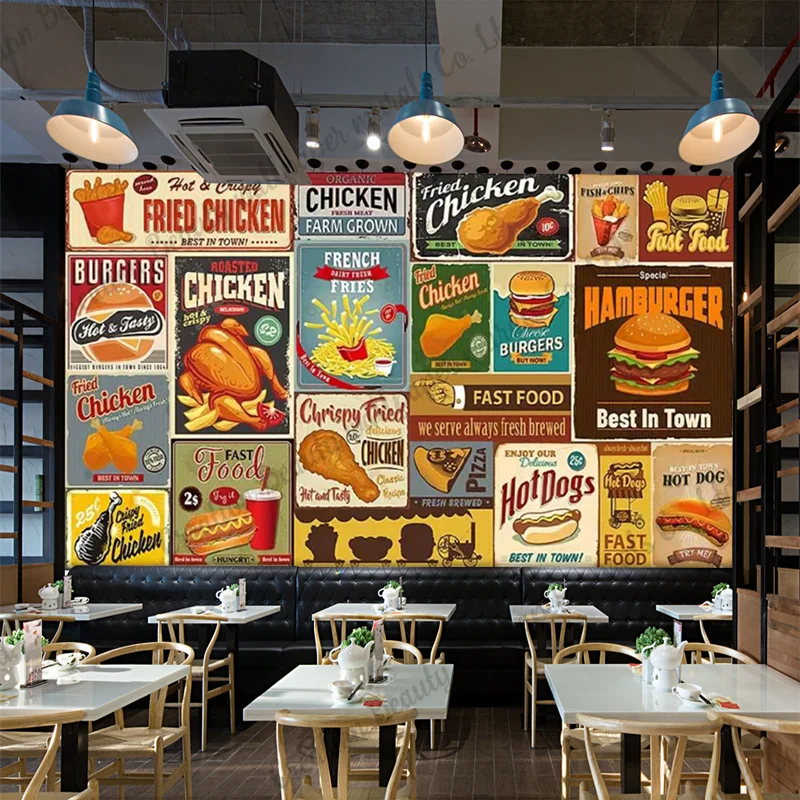 Oil Painting Burger Fried Chicken Mural Industrial Decor Wallpaper Fast Food Restaurant Snack Bar Wall Paper Papel Tapiz