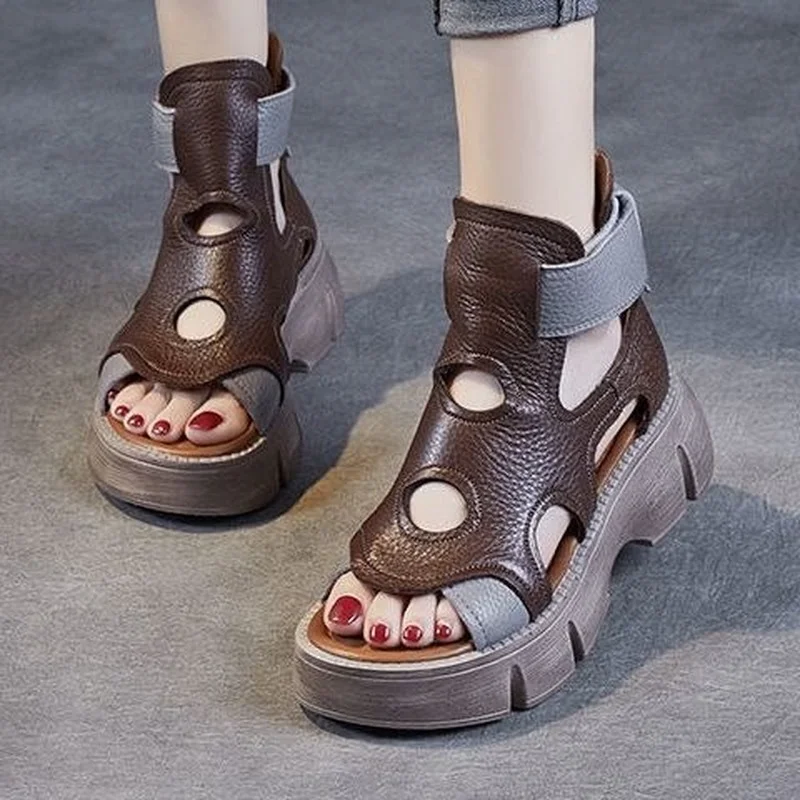 

Sandals 2022 Summer Women's Fashion Thick Sole Leather Surface Soft Sole Round Toe Women Shoes Hollow Women's Sandals Shoes E33
