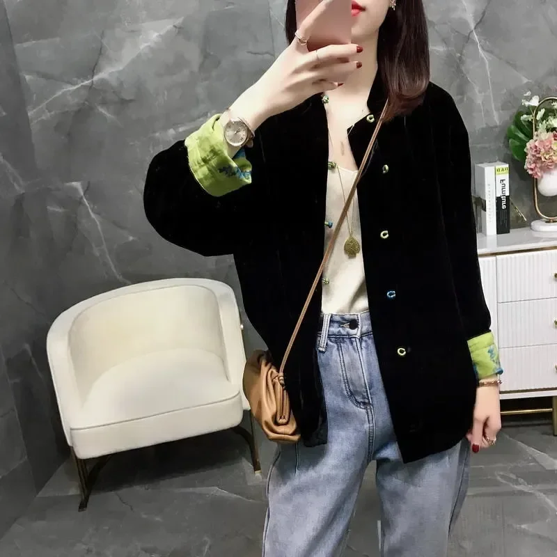 Женский бархатный блейзер в китайском стиле демисезонный контрастный черный с