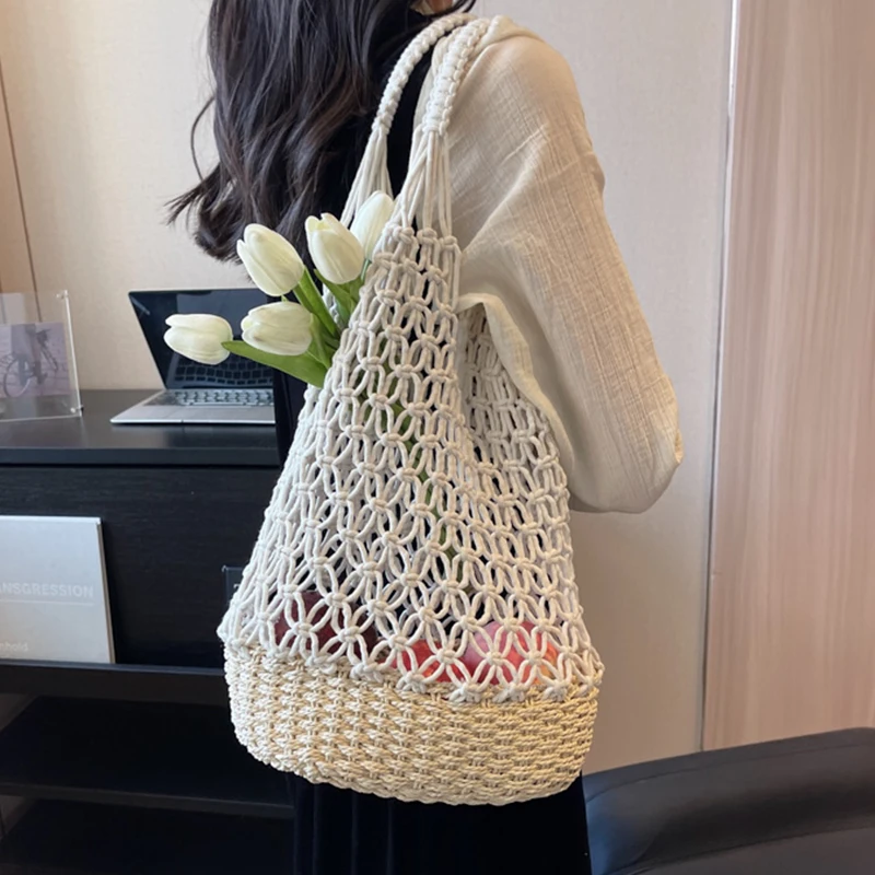Fashion Women Bag Cotton Thread Summer Beach Bag For Lady Knitted Straw Large Woven Handbag Casual Tote Shoulder Shopping bag