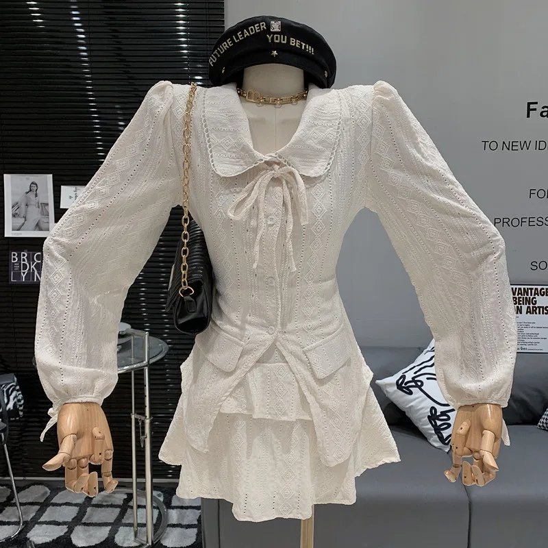 

Темпераментный милый нежный дизайнерский комплект, новая летняя рубашка с длинным рукавом и юбка, комплект из двух предметов