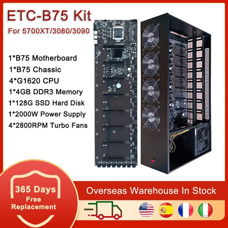 

Набор шасси материнской платы B75 для майнинга, поддержка 8 ГПУ слотов с процессором 4 Гб DDR3 128 Гб SSD G1620 ЦП 2000 Вт блок питания для BTC ETH Rig