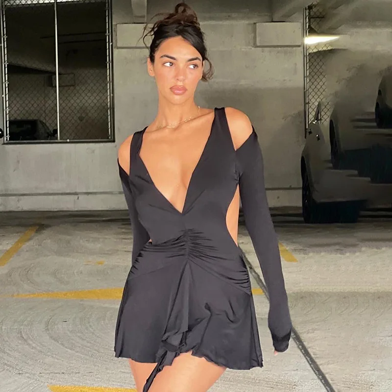 

Autumn/Winter V-Neck Cutout Hot Girl Bag Hip Party Dress Women's Club 2022 Black Long Sleeve Mini Tight Dress Sexy Backless