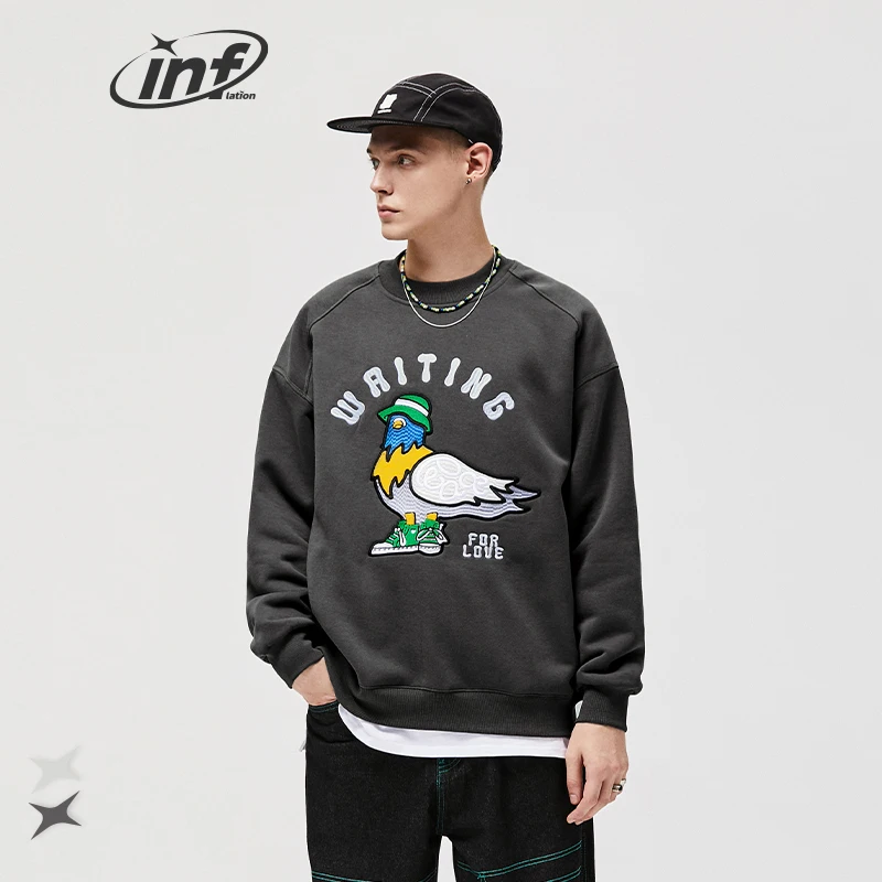 

INFLATION Thick Heavyweight Crewneck Sweatshirts Men Winter Warm Embroidery Unisex Pullovers