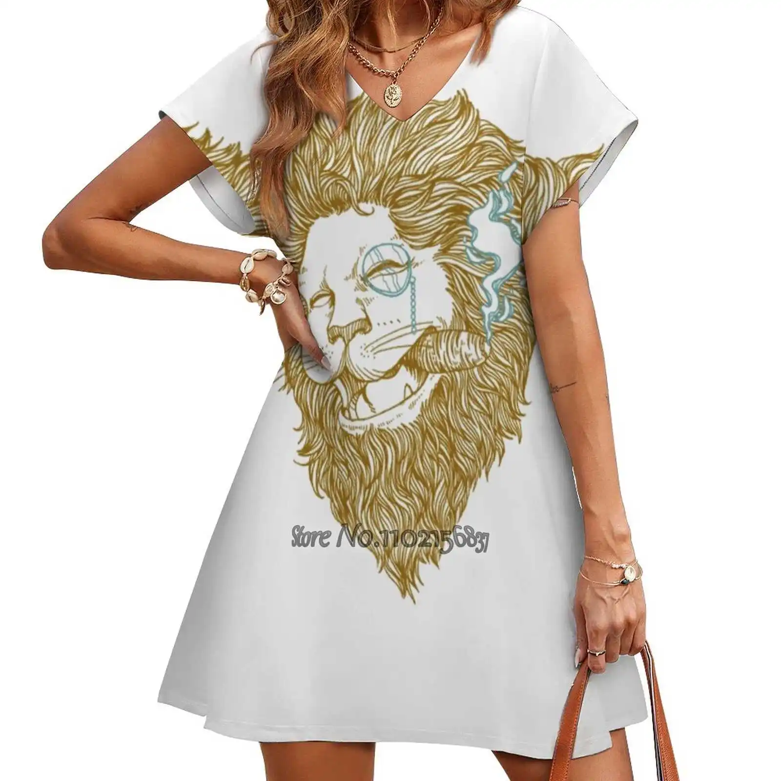 

Smoking Lion V-Neck Short Sleeve Skirt Slim Skirts Loose Elegant Fashion Dress 5Xl Animal Cute Designer Eggstroke Granpa