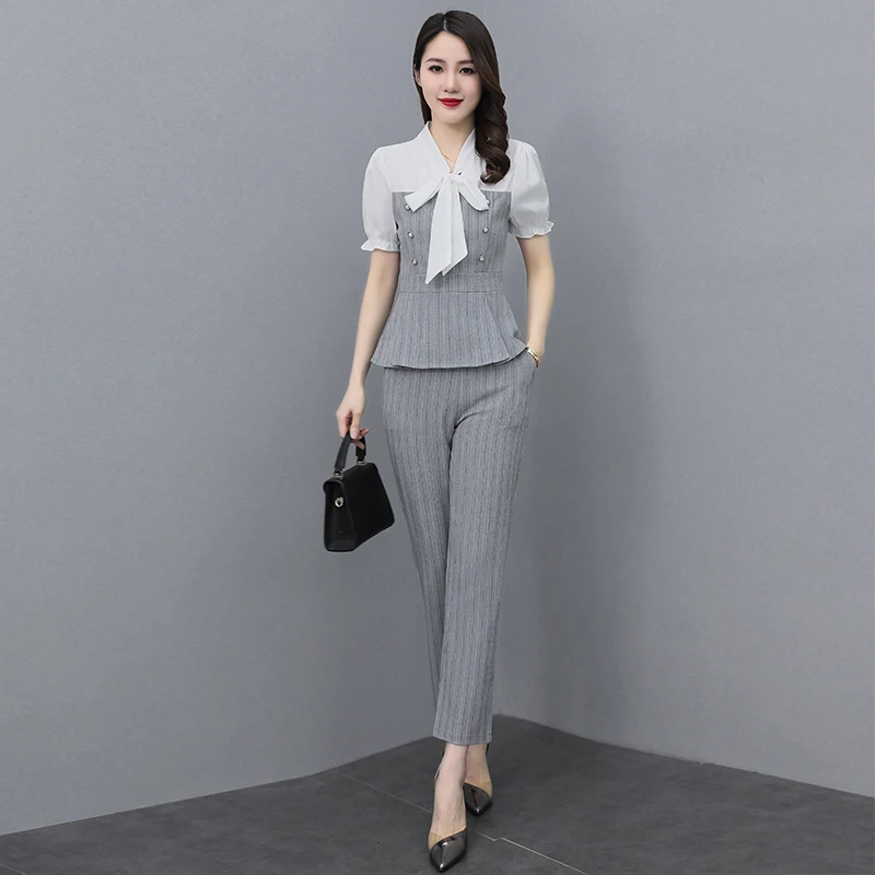 

Брючные костюмы 3XL в полоску с бантом, блузка с коротким рукавом, летний комплект из 2 предметов, женская одежда, деловой костюм 2022