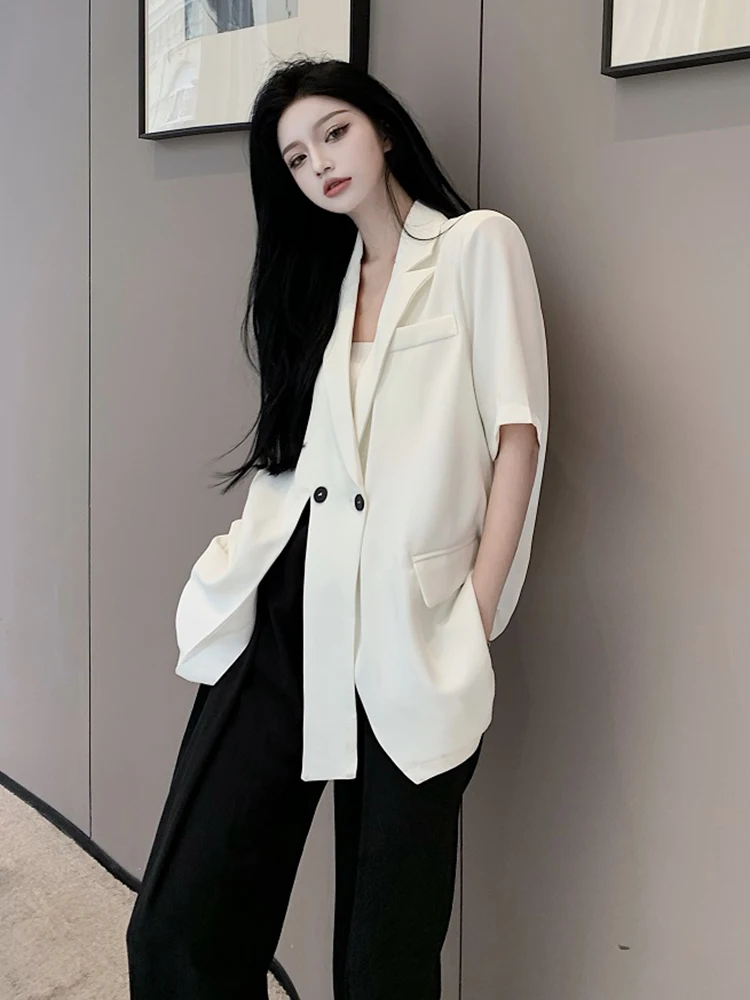 

Forked Short Sleeve Blazer Women Streetwear Korean Harajuku Solid Tops Spring Spring Autumn New Thin Design Suit Coat Female