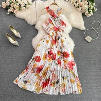 elegant chiffon floral pleated beach dress women summer suspender long dresses female clothing ladies sleeveless vestidos