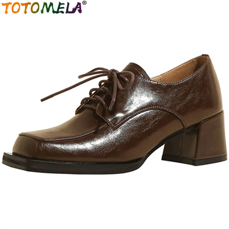 

Женские туфли-Лоферы без застежки TOTOMELA, винтажные туфли из овечьей кожи на среднем квадратном каблуке, 2022