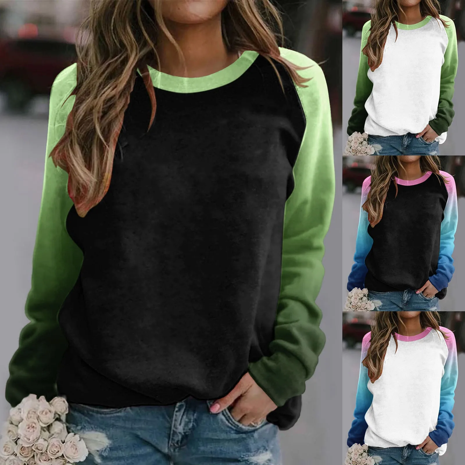 

Tops For Women Raglan Crewneck Tops Gradient Solid Print Sweatshirts Top Long Sleeve Color Block Pullover Cute