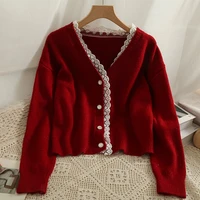 elegant lace long sleeve cardigan v neck korean fashion knitcoat cute single breasted sweater coat y2k sweet casual knitwear top