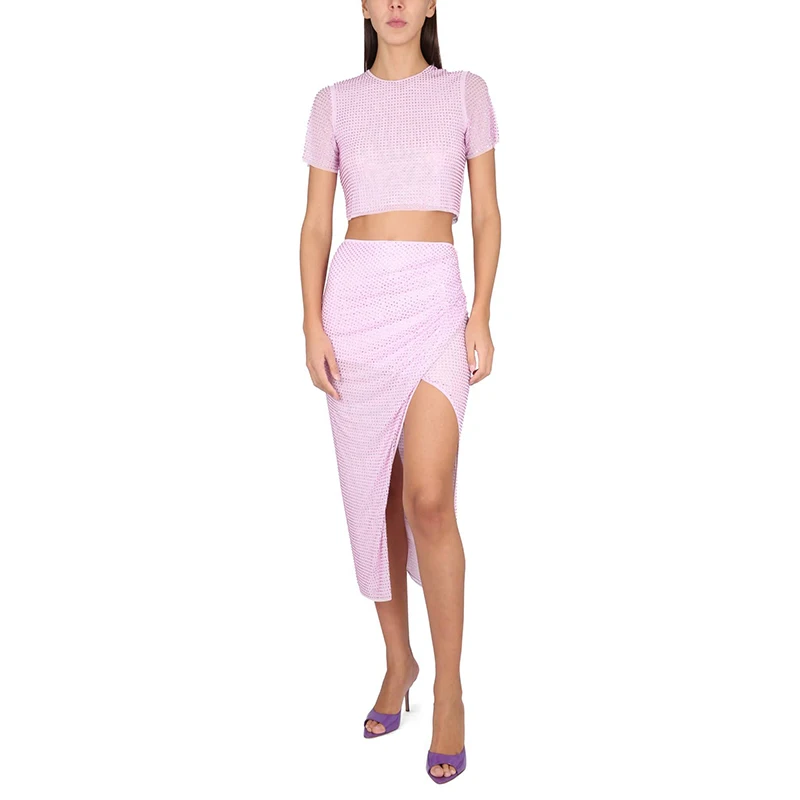 

Bodycon Women's Dress Pink Diamond Studded Short Sleeved Top Split Half Skirt Dress Set Star Party Club Evening Dress Vestidos