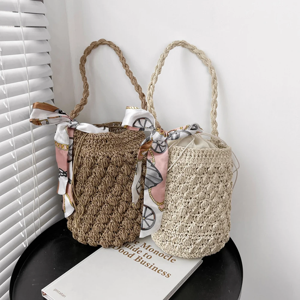 

Women Beach Handbag Straw Totes Shoulder Portable Drawstring Summer Beach Woven Handmade Bucket Bag with Silk Scarf