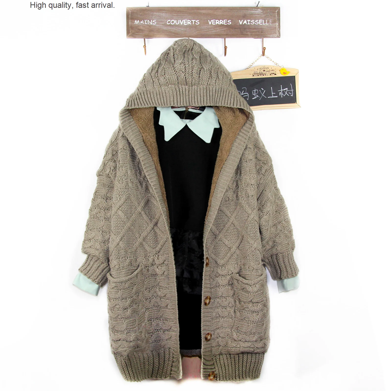 Thick Korean Style Needle Cashmere Slimming Patchwork Sweater Thickened Fleece-Lined Mid-Length Hooded Cardigan plus Size