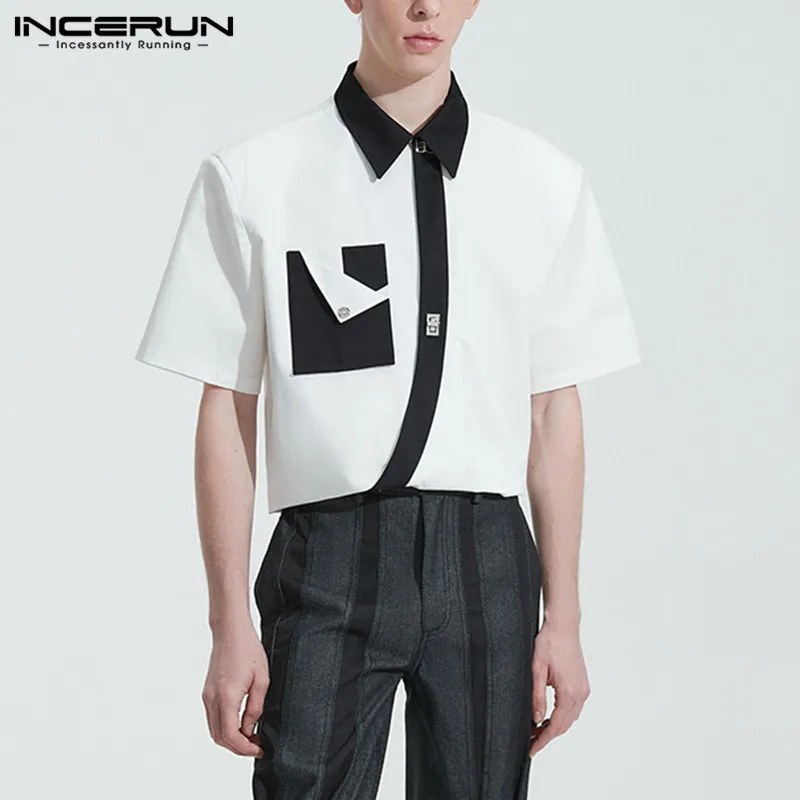 

INCERUN Tops 2023 American Style Mens Diagonal Placket Shirts Casual Fashionable Hot Selling Splicing Short Sleeved Blouse S-5XL