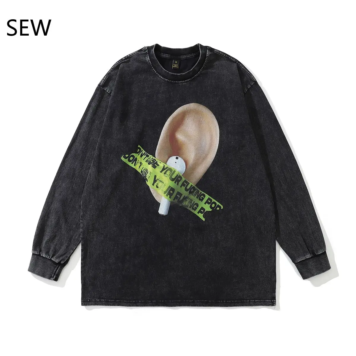 

Autumn And Winter High Street Vintage Wash Left Ear Print Long-Sleeved t-Shirt Loose Ins-Style Cotton Men