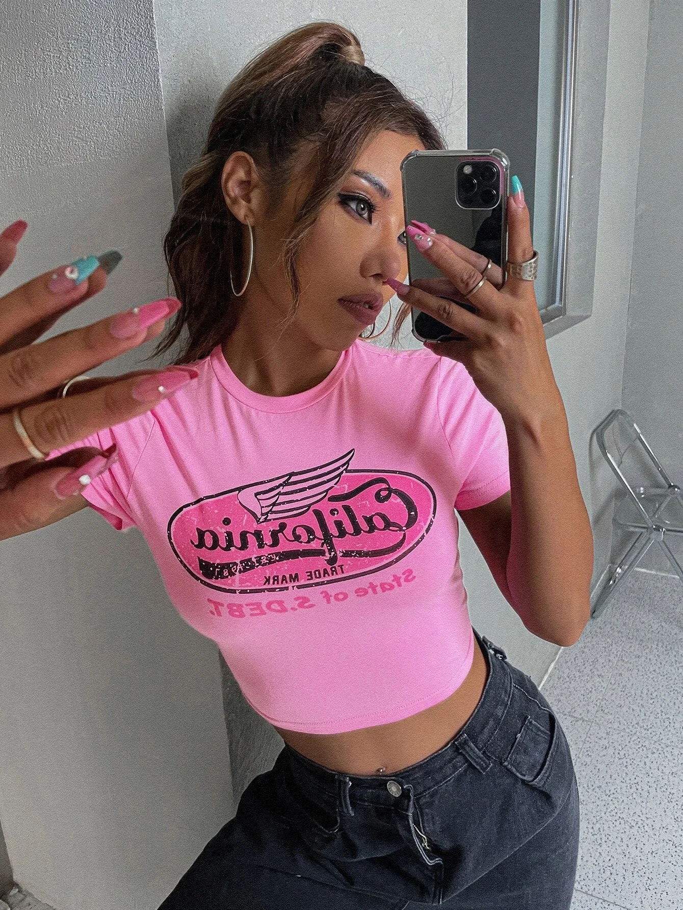 

Mock Neck Letter & Wing Print Tee