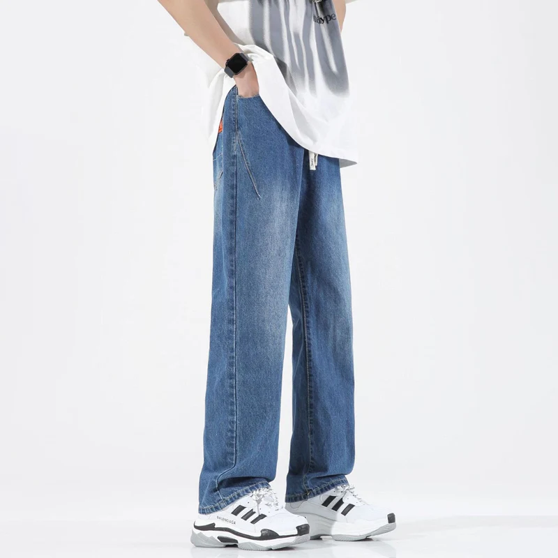 

Джинсы TFETTERS мужские прямые с эластичным поясом, модные брюки из денима с эффектом потертости, повседневная одежда в Корейском стиле, очень большие размеры, на лето