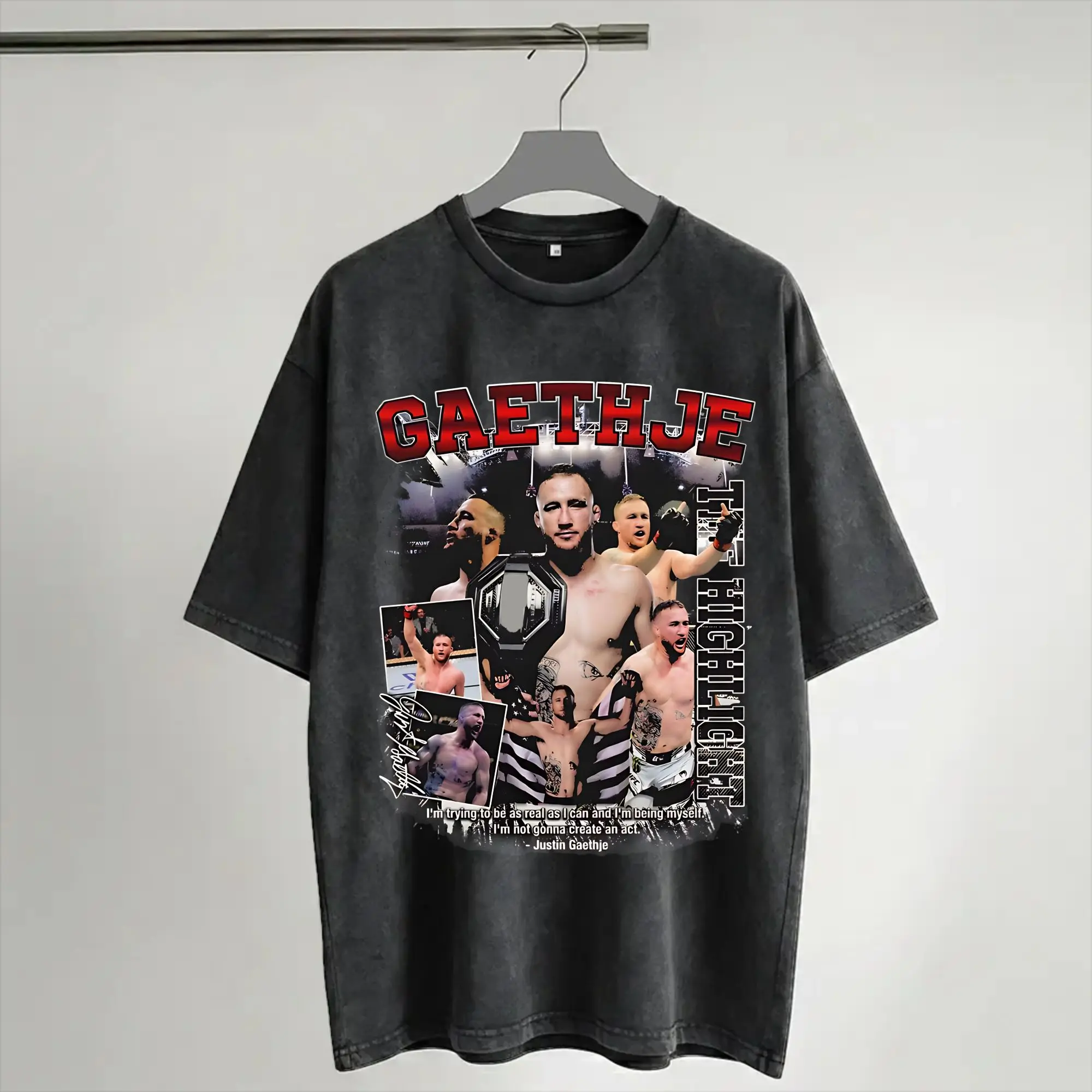 Фото Футболки Justin Gaethje The Highlight в стиле хип-хоп, с эффектом потертости, с коротким рукавом, оверсайз, винтажные, для мужчин и женщин, уличная одежда, графические принты №1
