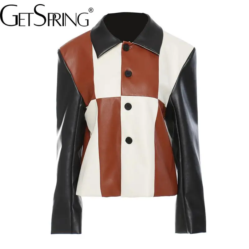 

Getspring Women Leather Coat Irregular Color Matching Womens Leather Jackets And Coats Asymmetrical Faux Leather Jackets Women