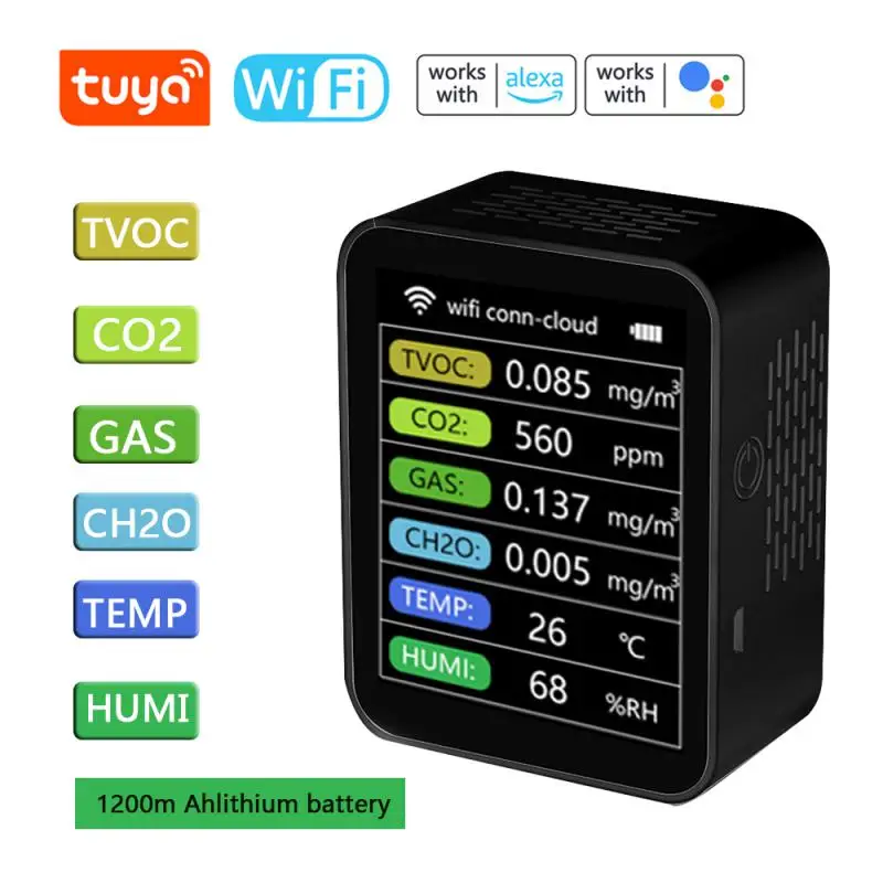 

Tuya Air Quality Monitor Detector 6In1 WiFi Smart CO2 PM2.5 TVOC CH2O Temperature Humidity Detector Mobilephone APP Remotes