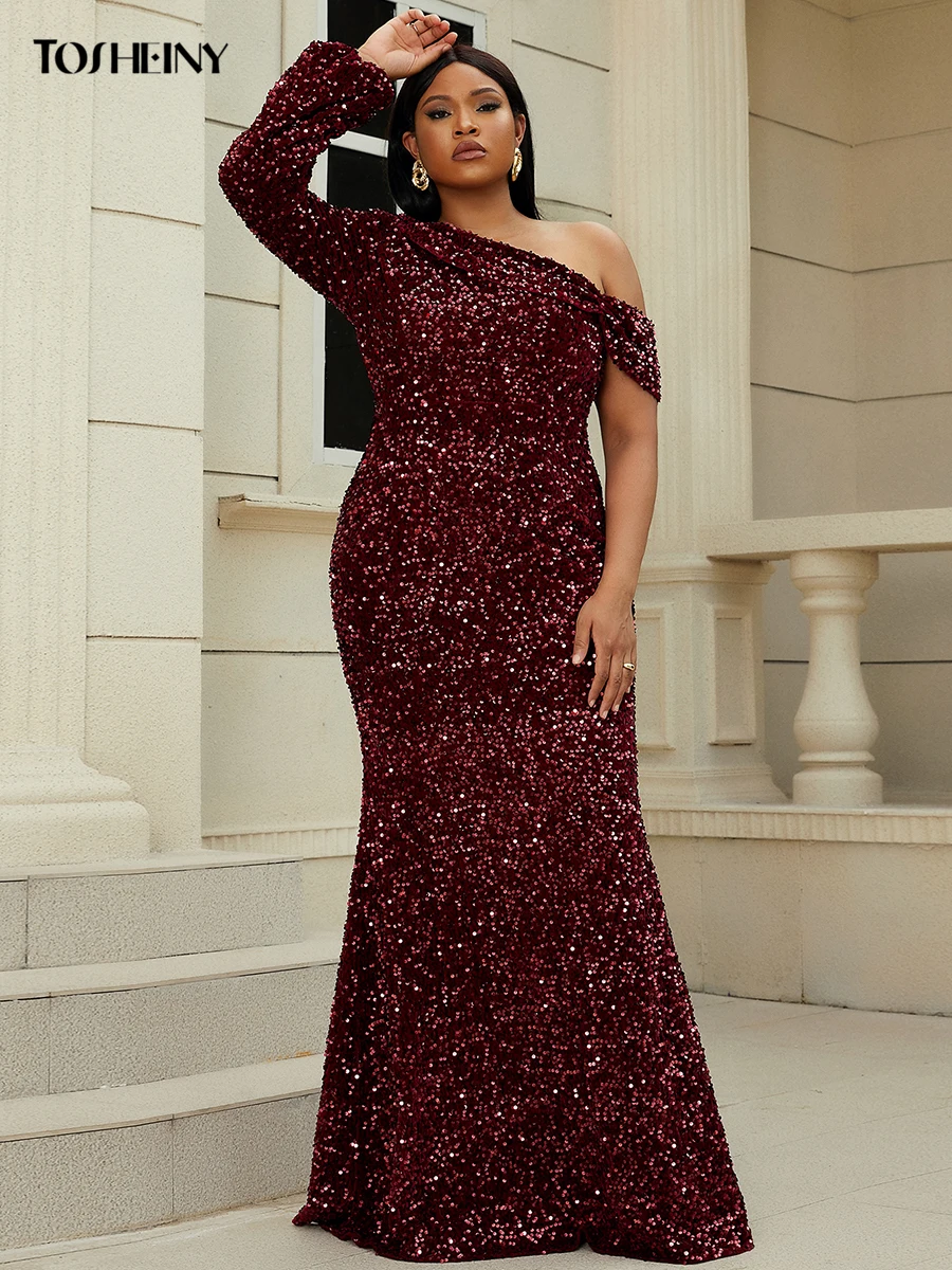 Tosheiny Fall Chic Elegant Plus Size Women Plus Size Dress Skinny Burgundy Oversized Long Party Prom Dress