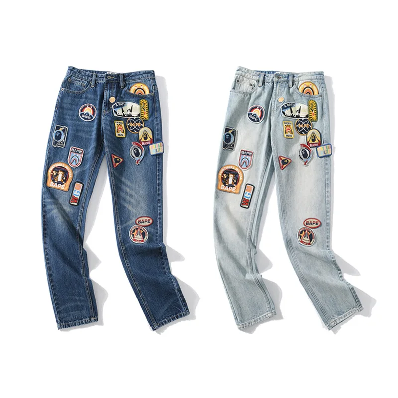 

BAPE Mens Jeans With Full Logo Embroidery Shark Graphic Long Pants Boys Trousers Male Hip Hop Girls Y2k Outdoor Wear Denim Jeans