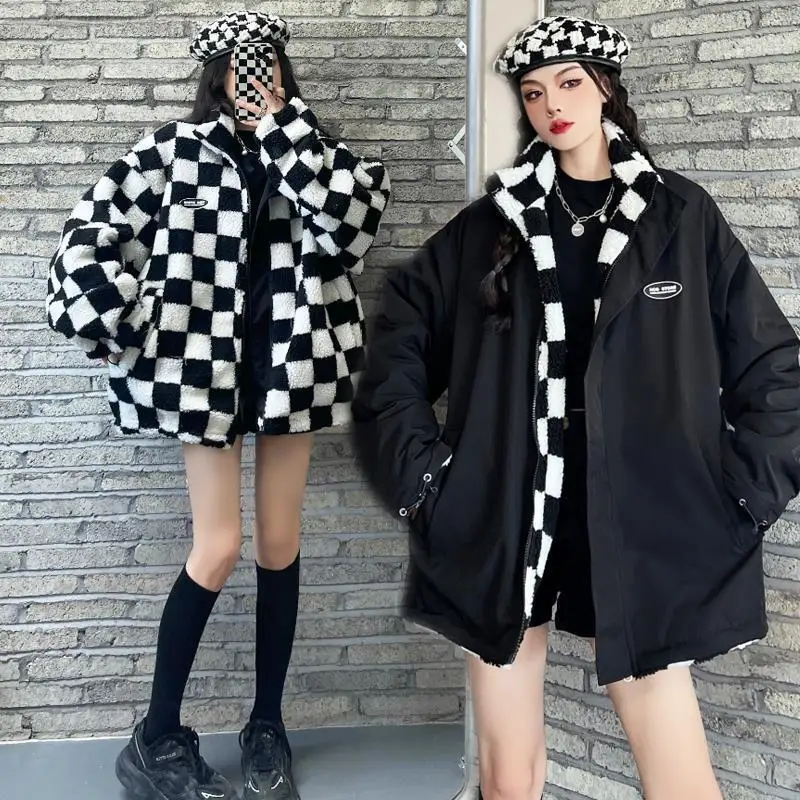 

Thickened plus velvet double-sided checkerboard lamb wool coat women's winter warm coat new loose zipper cotton coat ins tide