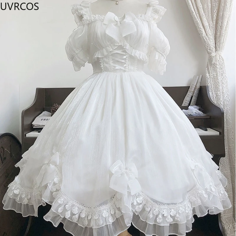 Japanese Victorian Gothic Lolita Dress Women Black White Elegant Backless Fairy Dresses Girly Kawaii Sweet Cosplay Mini Vestidos