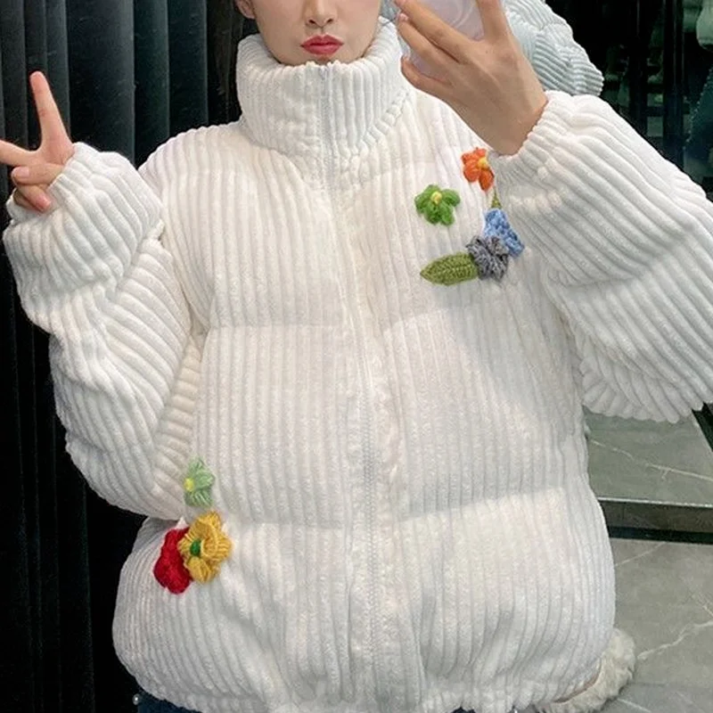 Winter Girl Sweet Flower Embroidered Cotton Jacket Corduroy Kawaii Girl French Retro Cute Jacket Loose Short Down Jacket