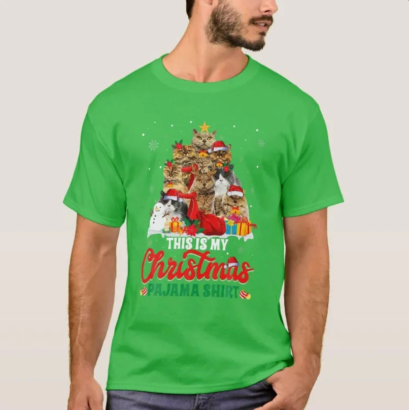 Фото This Is My Christmas Pajama Selkirk Rex Tree Cat Loves Футболка из 100% хлопка с круглым вырезом и коротким рукавом Повседневная мужская футболка Размер S-3XL №2