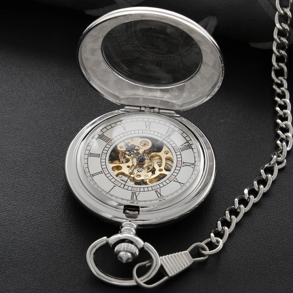 New Exquisite Pattern Sculpture Mechanical Pocket Watch with Fob Chain Men's Hollow-Out Skeleton Dial Fashion Pocket Watch Gift