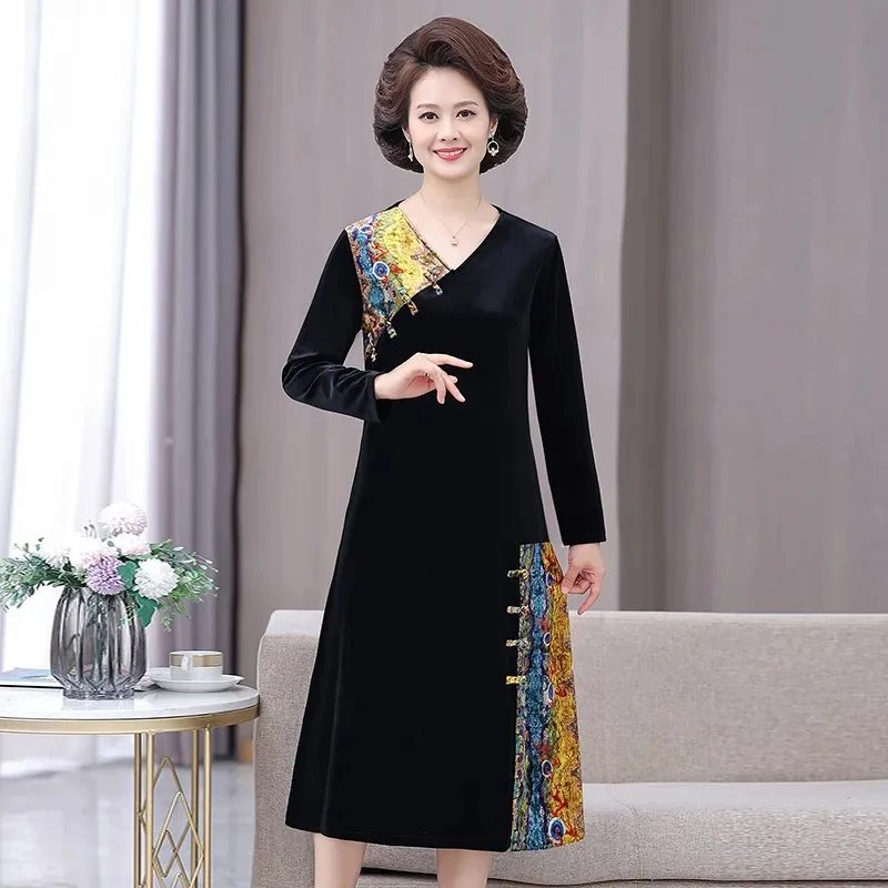 Фото XL-5XL винтажное золотое бархатное платье женское элегантное велюровое платье с v-образным вырезом и длинными рукавами осеннее повседневное платье для мам среднего возраста Vestidos Mujer №1
