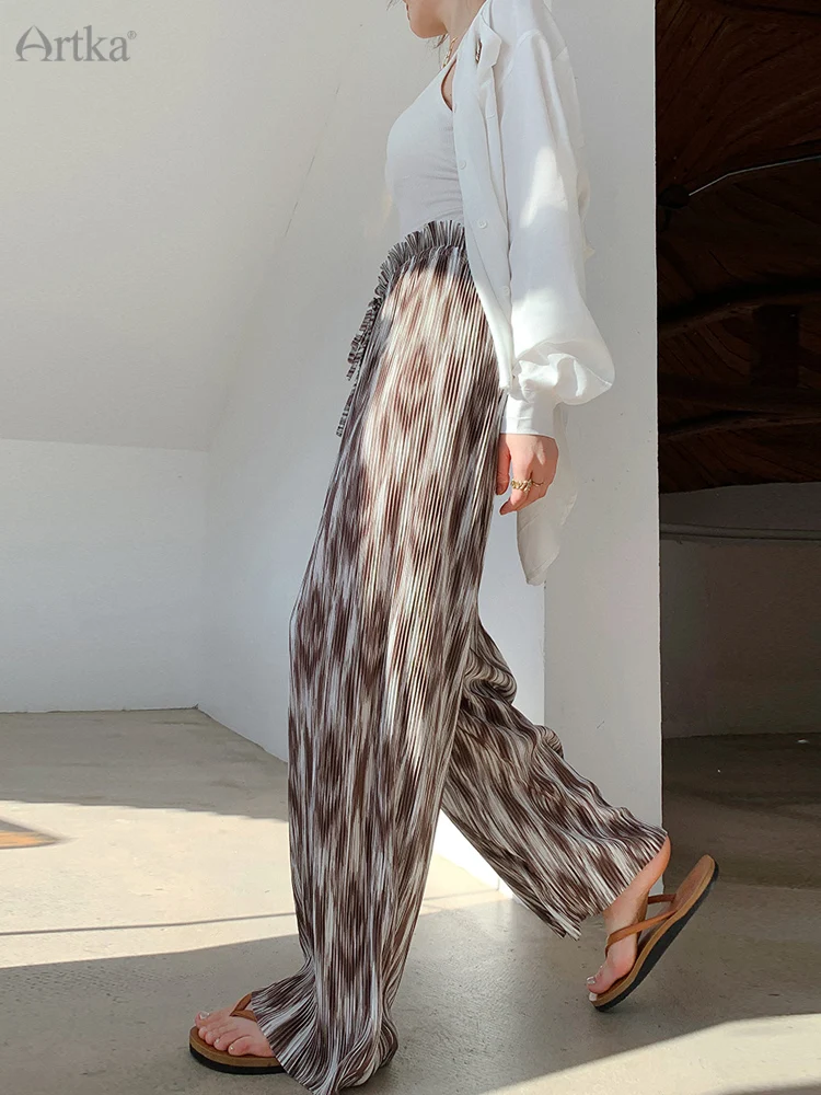 

ARTKA 2022 Summer New Fashion Tie Dye Chiffon Draping Wide Leg Pants Loose Straight Elastic High Waist Casual Pants A21KA008X