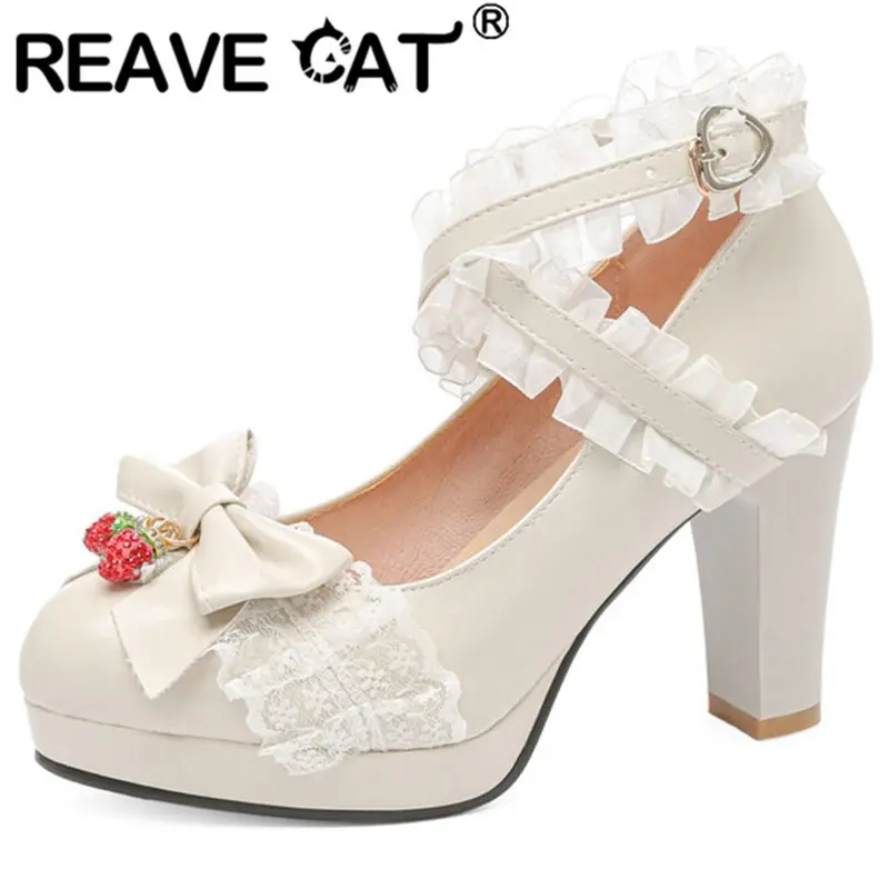 

REAVE CAT Lolita Shoes Girls Pumps Round Toe Block Heel Buckle Crossover Strap Lace Bowknot Big Size 32-43 Sweet Blue Pink S3838